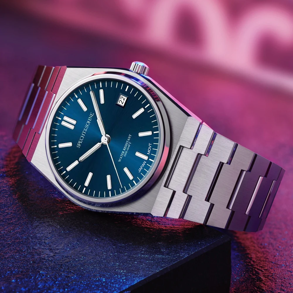 2025 new high quality specht&sohne 37mm men's watches quartz movt pvd gold sapphire stainless steel classic watch 50m waterproof Blue dial stainless steel watch