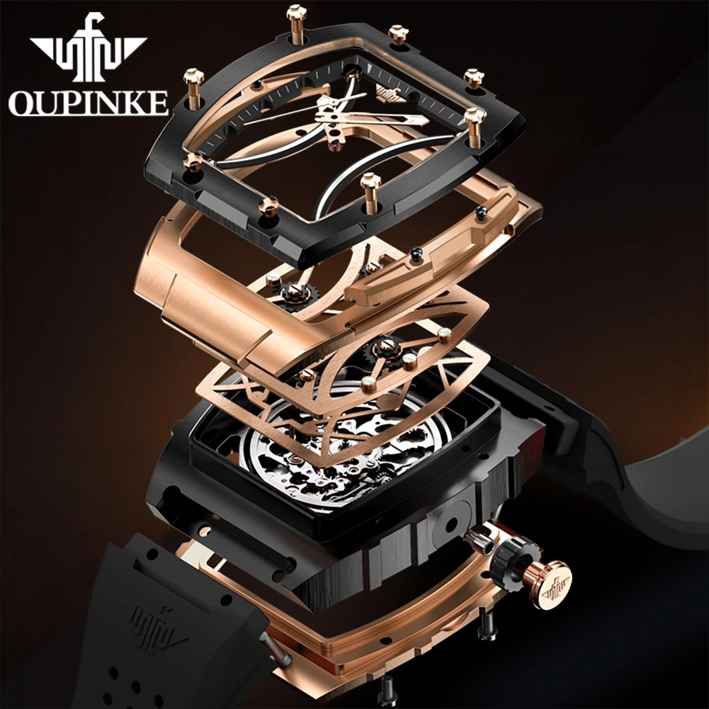 oupinke men's watches classic luxury tonneau dial top brand original automatic mechanical wristwatch silicone strap sapphire new Exploded view watch mechanism