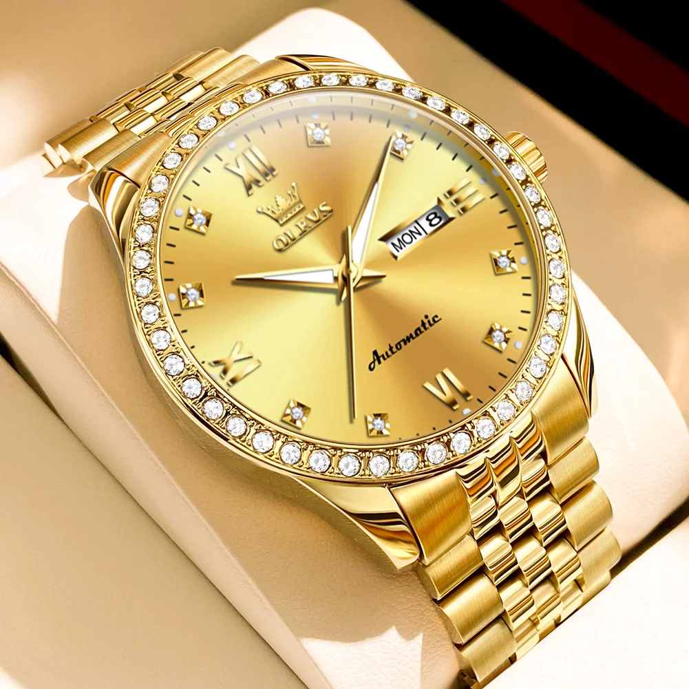 olevs new diamond business men watch top brand luxury watch waterproof date stainless steel automatic mechanical wristwatch Gold diamond automatic watch