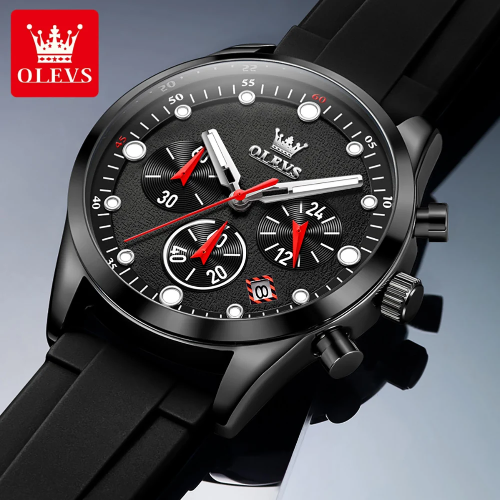 olevs brand sports quartz watch for men fashion silicone strap waterproof luminous chronograph watches mens relogio masculino Black chronograph watch with red accents.