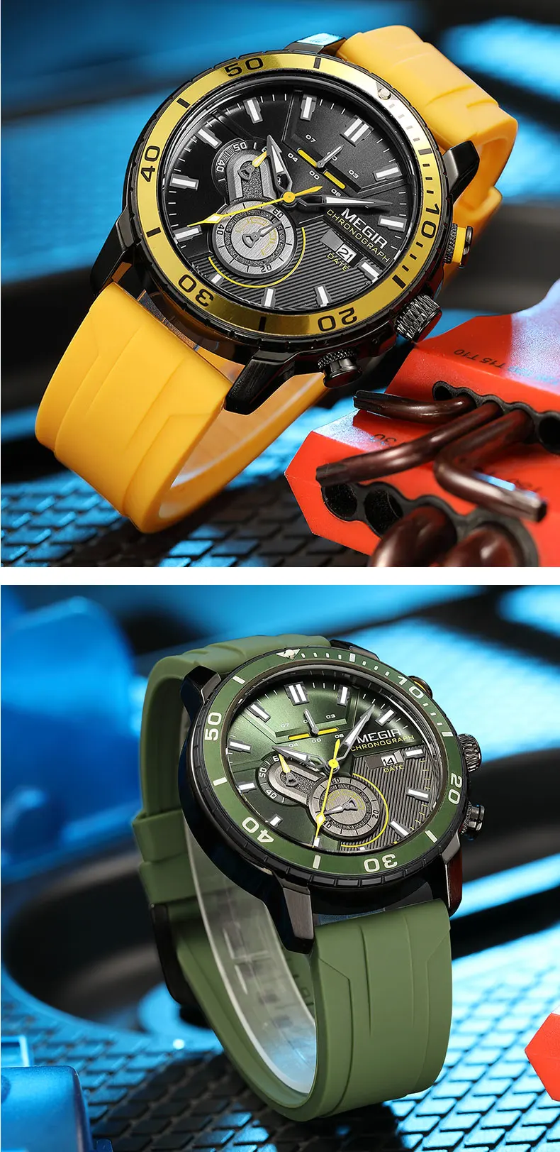 megir orange sport watch for men fashion waterproof silicone strap chronograph quartz wristwatch with auto date luminous hands Men's chronograph watches two colors