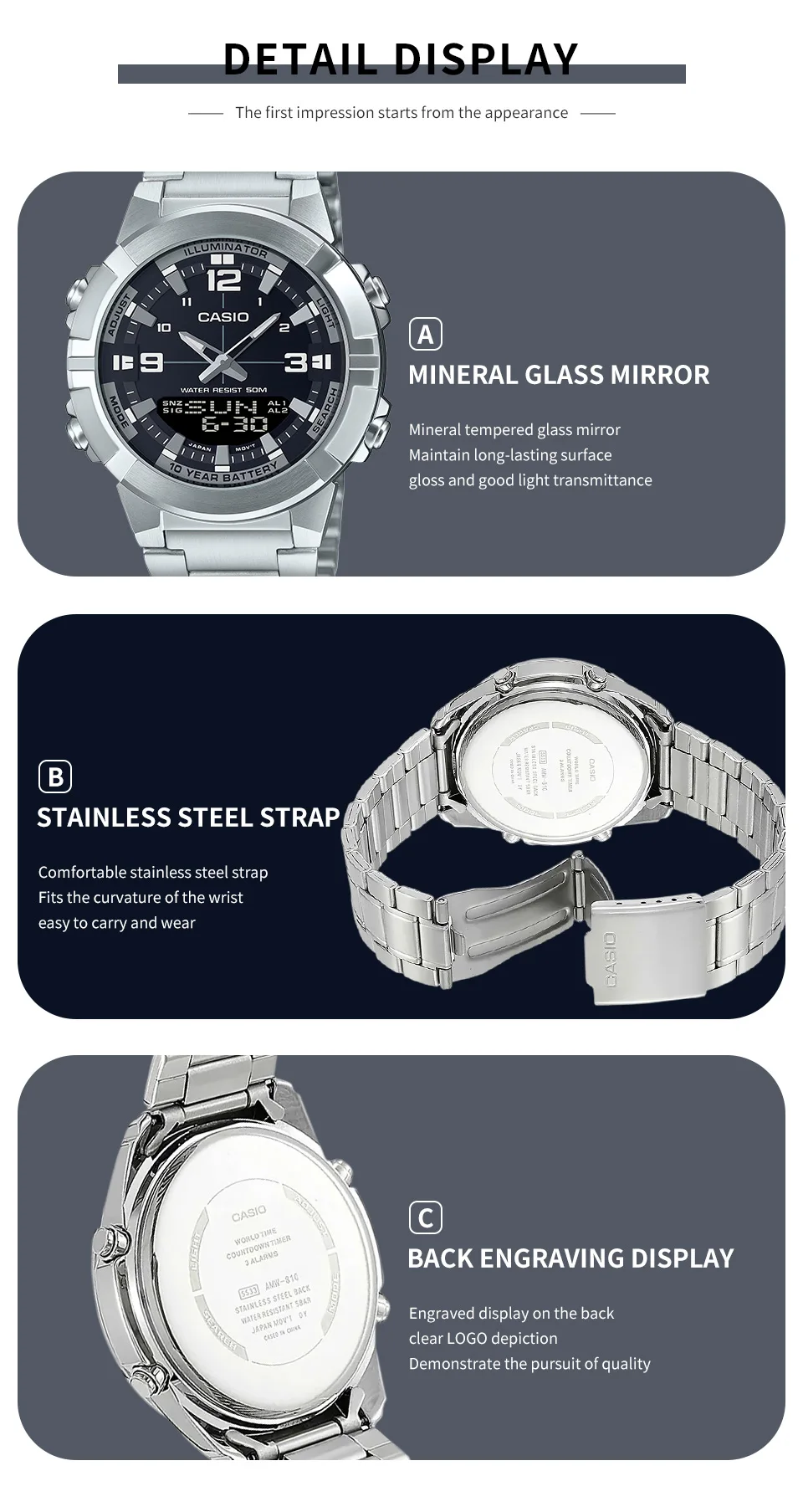 casio watch for men quartz watch relogio masculino fashions style amw 870d 1a Silver metal watch details