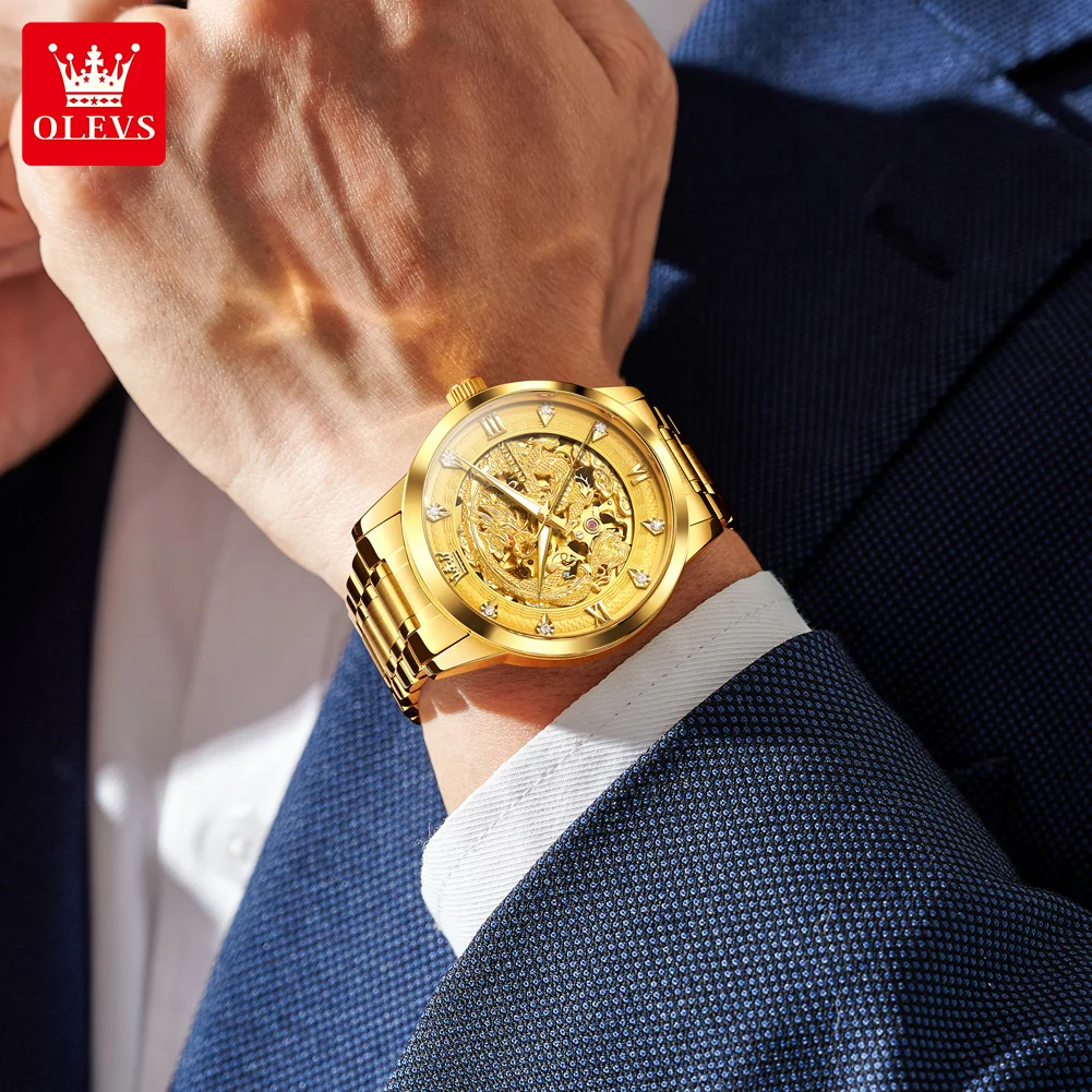 olevs gold steel dragon dial automatic watch men full steel waterproof miyota mechanical mens watches top brand luxury relogio Gold skeleton watch on wrist