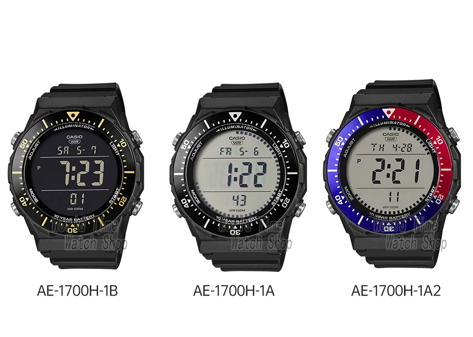 casio watch for men 2026 new model ae 1700h 1b top brand luxury suit relogio masculino часы мужские наручные Three digital watches displayed