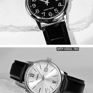 Black leather strap analog watch