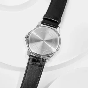 Black leather watch strap detail