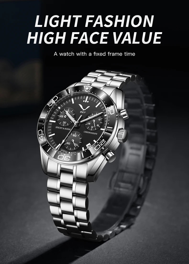 new 007 specht&sohne sports watches for men top brand luxury steel wrist watch fashion japan vk68 chronograph relogio masculino Stylish men's chronograph watch