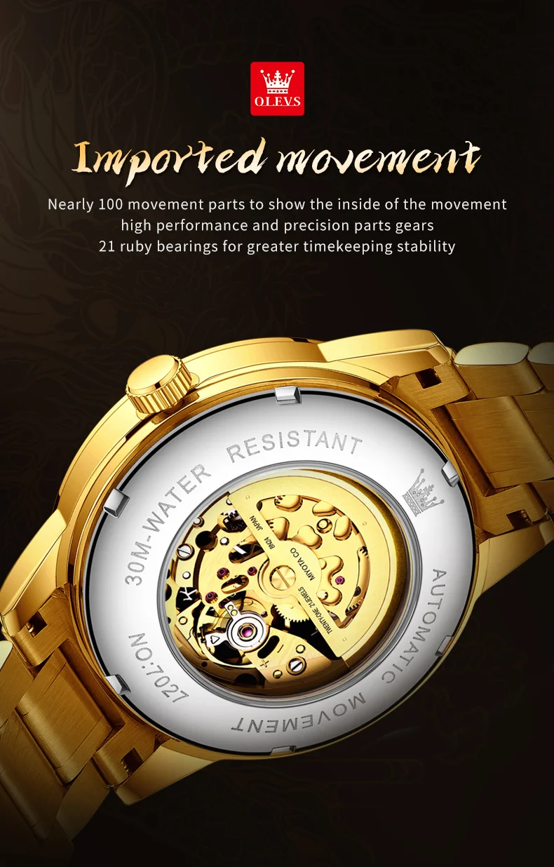 olevs gold steel dragon dial automatic watch men full steel waterproof miyota mechanical mens watches top brand luxury relogio Golden automatic watch movement