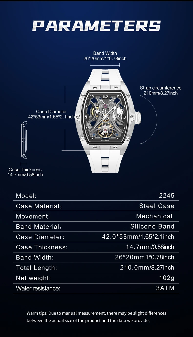 megir sports style automatic mechanical watch for men full hollow transparent dial design stainless steel case silicone strap White mechanical watch parameters