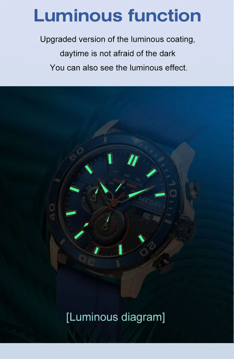 megir orange sport watch for men fashion waterproof silicone strap chronograph quartz wristwatch with auto date luminous hands Luminous watch dial detail