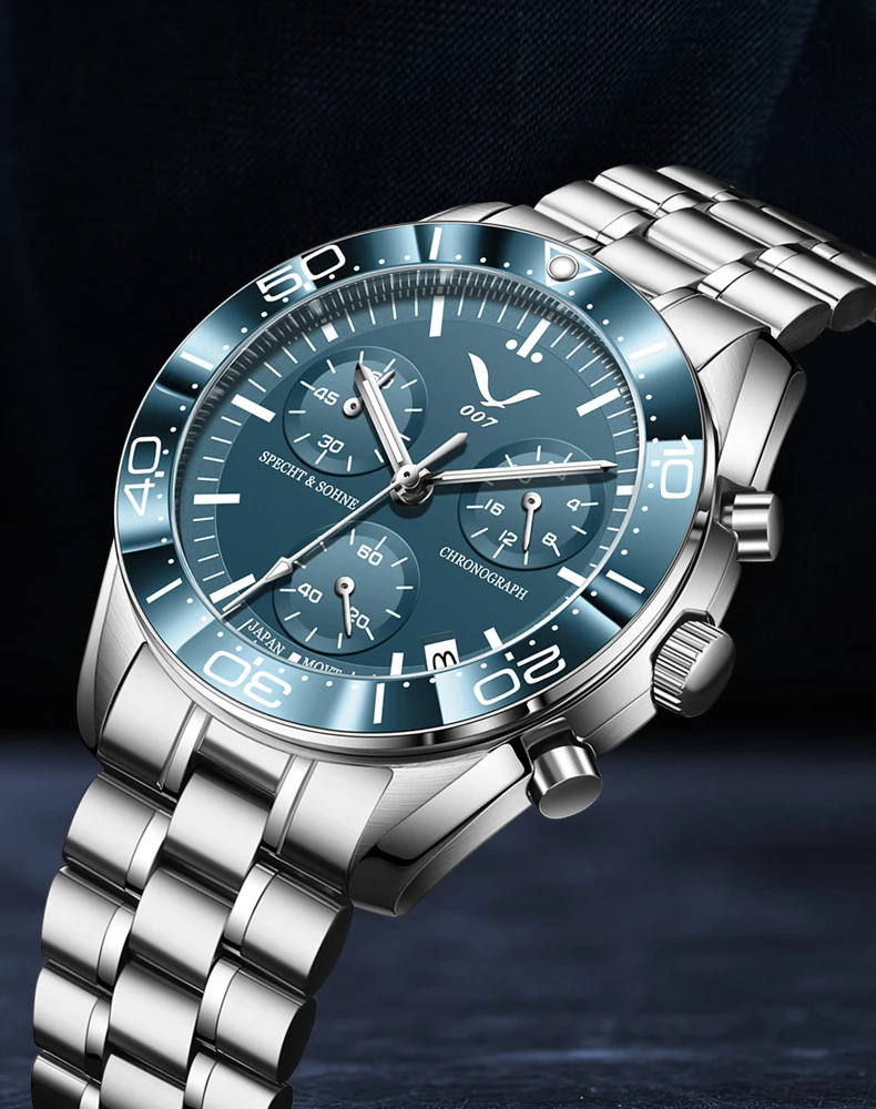 new 007 specht&sohne sports watches for men top brand luxury steel wrist watch fashion japan vk68 chronograph relogio masculino Men's chronograph watch with blue face