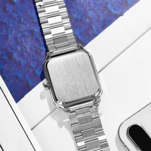 Square metal watch back.
