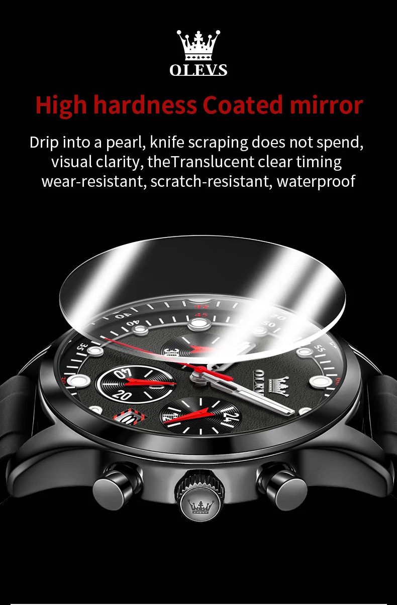 olevs brand sports quartz watch for men fashion silicone strap waterproof luminous chronograph watches mens relogio masculino Watch face with protective coating