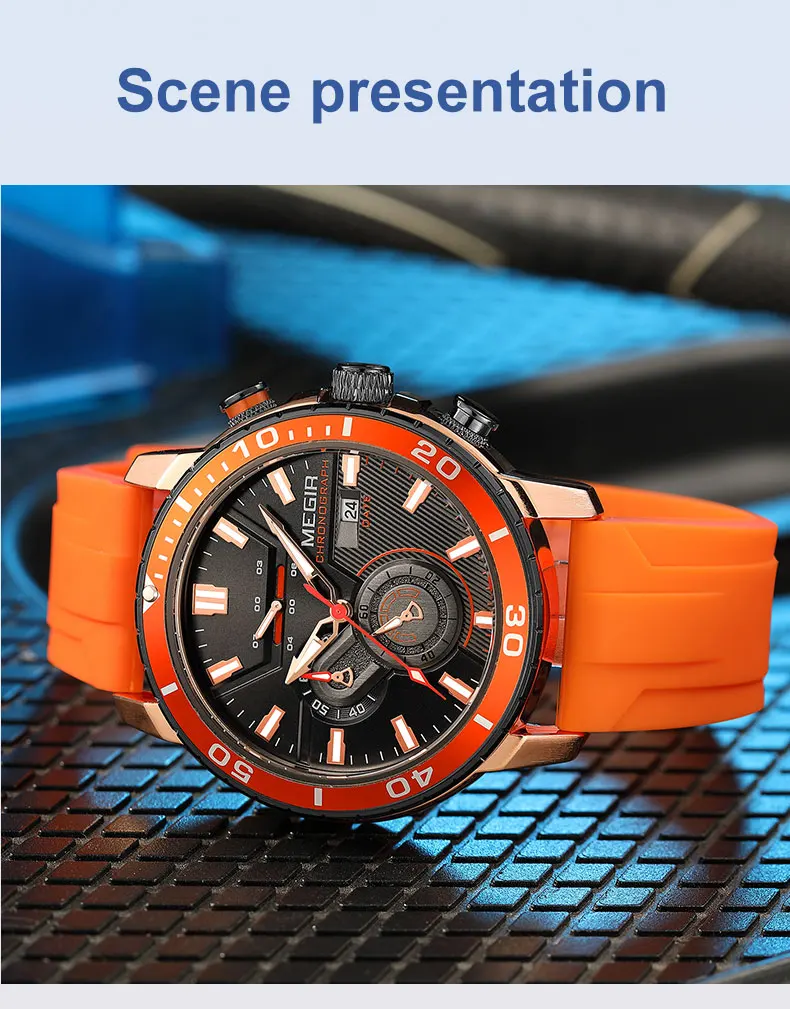 megir orange sport watch for men fashion waterproof silicone strap chronograph quartz wristwatch with auto date luminous hands Orange watch with black face