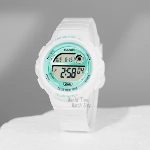 White digital wristwatch with light green accents.