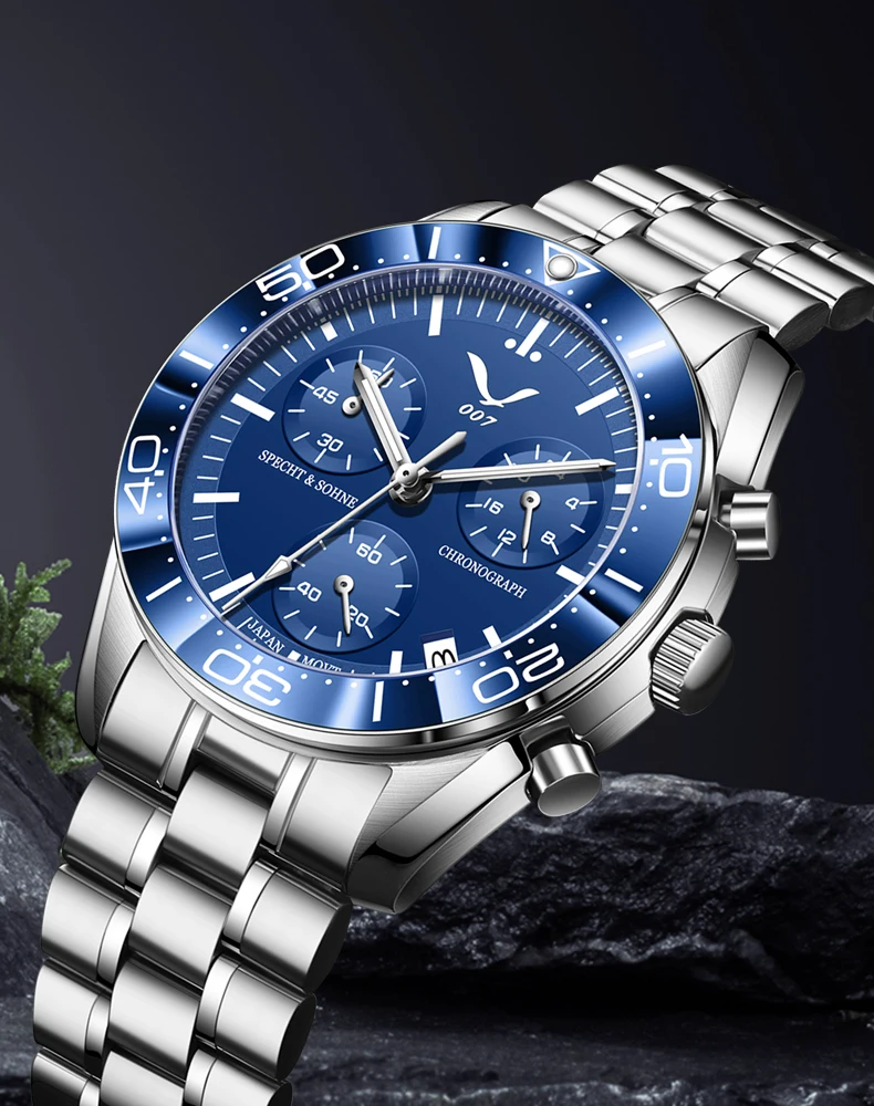 new 007 specht&sohne sports watches for men top brand luxury steel wrist watch fashion japan vk68 chronograph relogio masculino blue chronograph watch