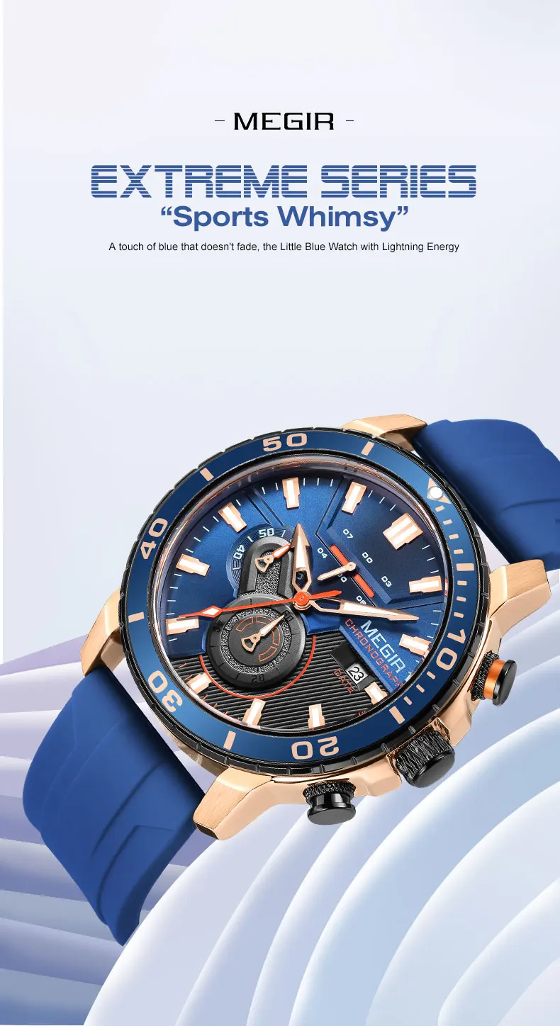 megir orange sport watch for men fashion waterproof silicone strap chronograph quartz wristwatch with auto date luminous hands Blue extreme series watch