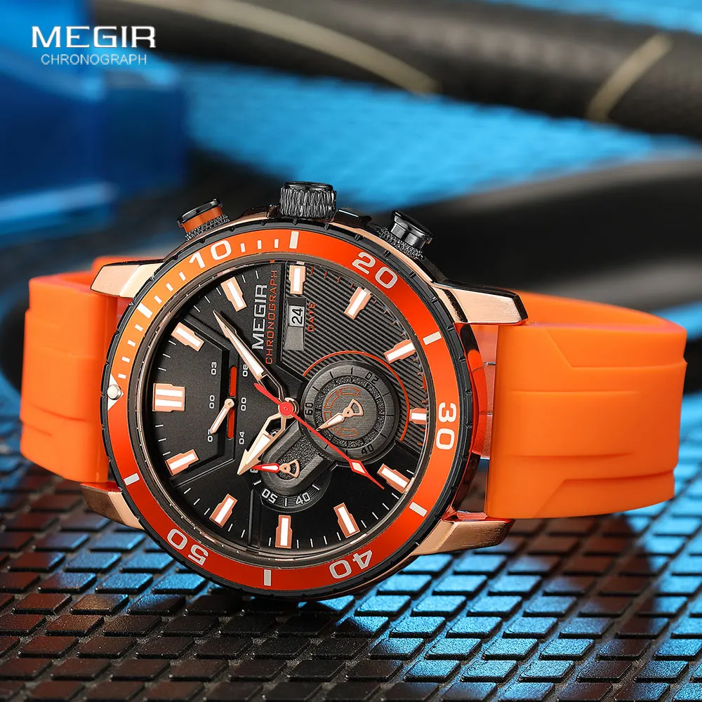 megir orange sport watch for men fashion waterproof silicone strap chronograph quartz wristwatch with auto date luminous hands Orange men's chronograph watch