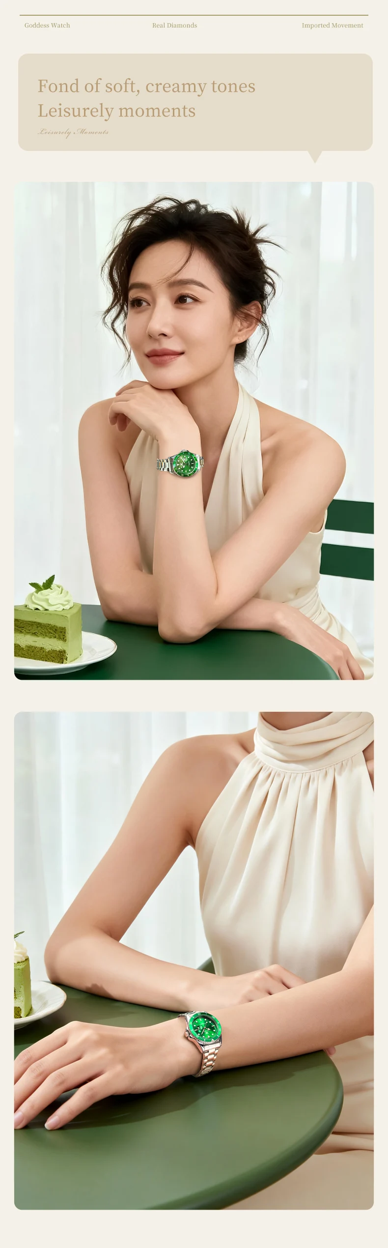 olevs luxury stainless steel waterproof quartz watch for women fashion calendar luminous womens wristwatch sport clock reloj Woman wears green gemstone watch.
