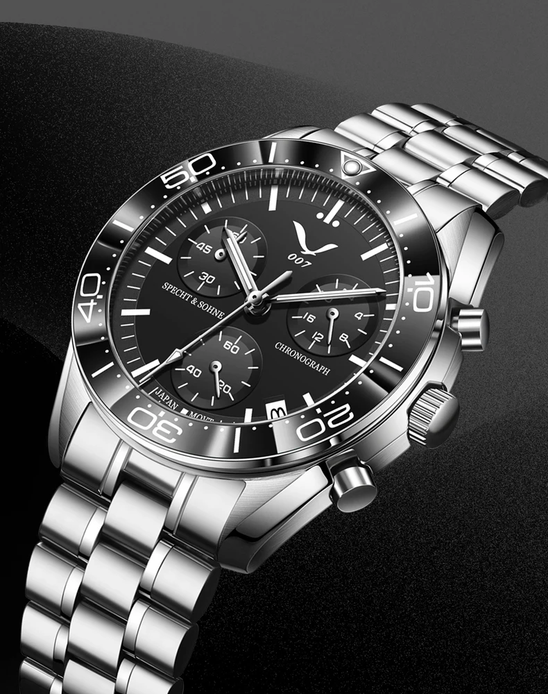 new 007 specht&sohne sports watches for men top brand luxury steel wrist watch fashion japan vk68 chronograph relogio masculino Men's chronograph wristwatch