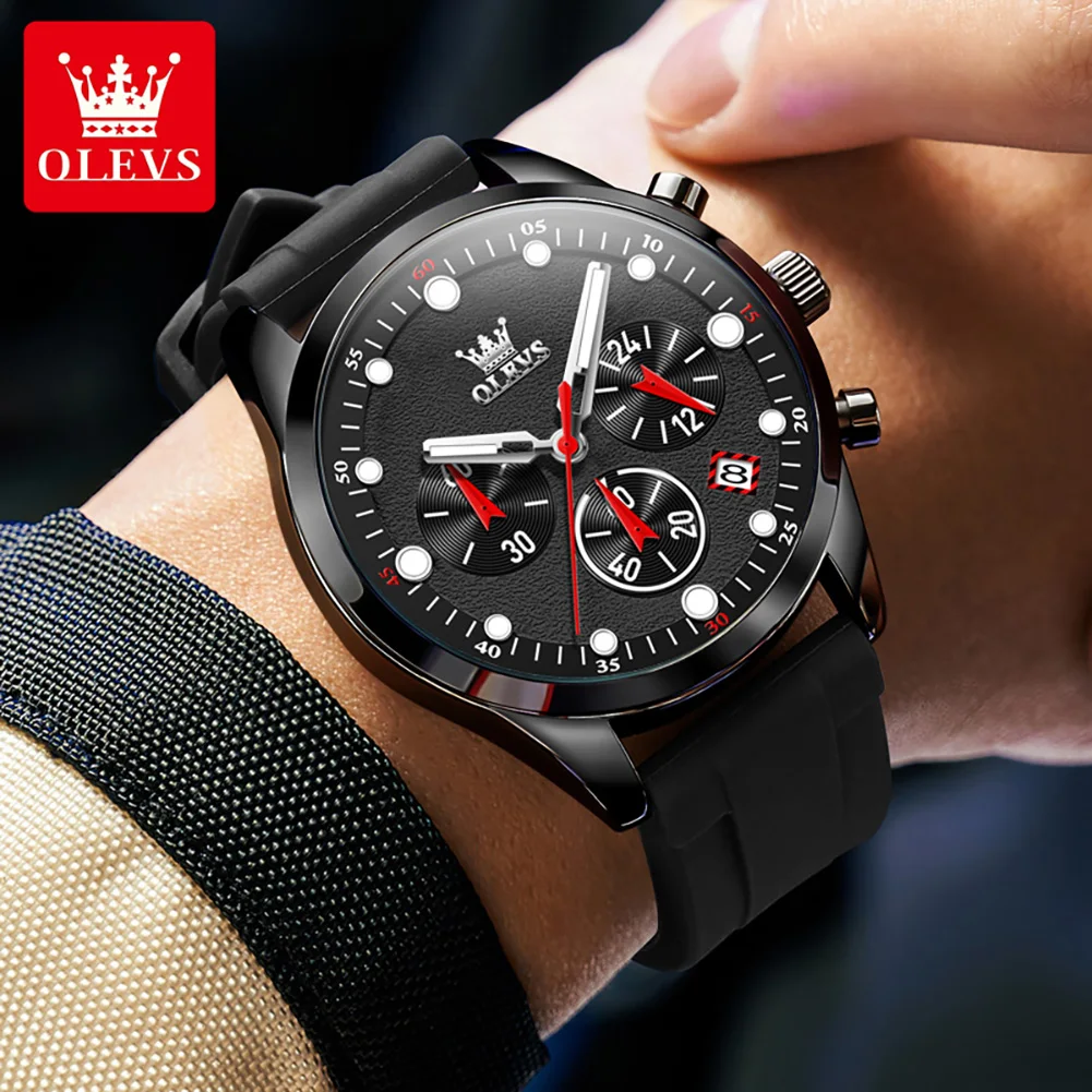 olevs brand sports quartz watch for men fashion silicone strap waterproof luminous chronograph watches mens relogio masculino Black chronograph watch on wrist