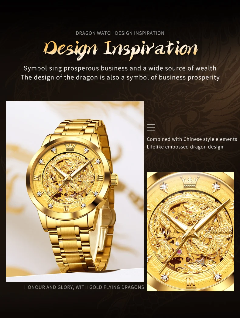 olevs gold steel dragon dial automatic watch men full steel waterproof miyota mechanical mens watches top brand luxury relogio Gold dragon watch design