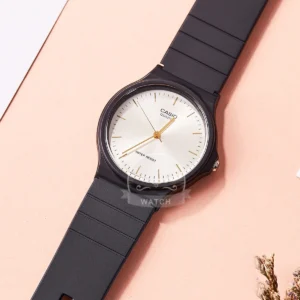 Black analog wristwatch with white dial.