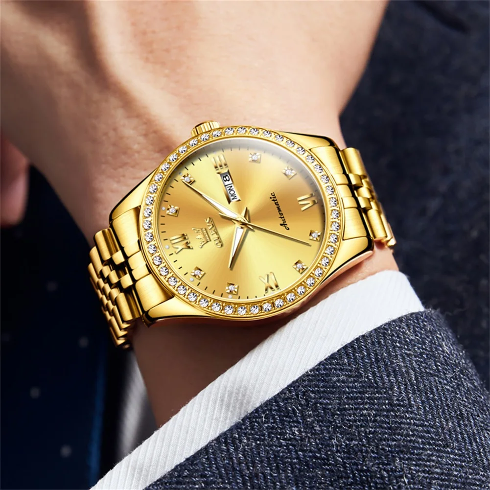 olevs new diamond business men watch top brand luxury watch waterproof date stainless steel automatic mechanical wristwatch Gold diamond bezel men's watch