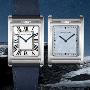 Rectangular watches with Roman numerals.
