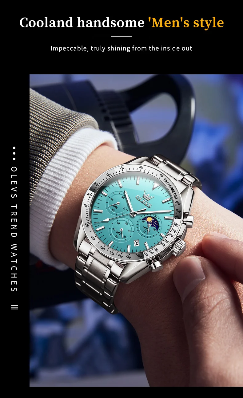 olevs brand new luxury rose gold quartz watch men stainless steel waterproof luminous date moon phase chronograph watches mens Men's turquoise dial watch
