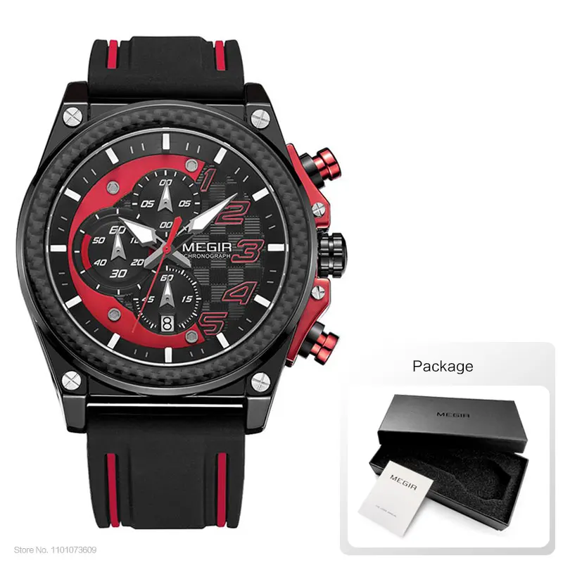 megir men's chronograph quartz watches for male waterproof luminous wristwatch with rubber strap for boys man 2051g 1n8 Black red chronograph watch