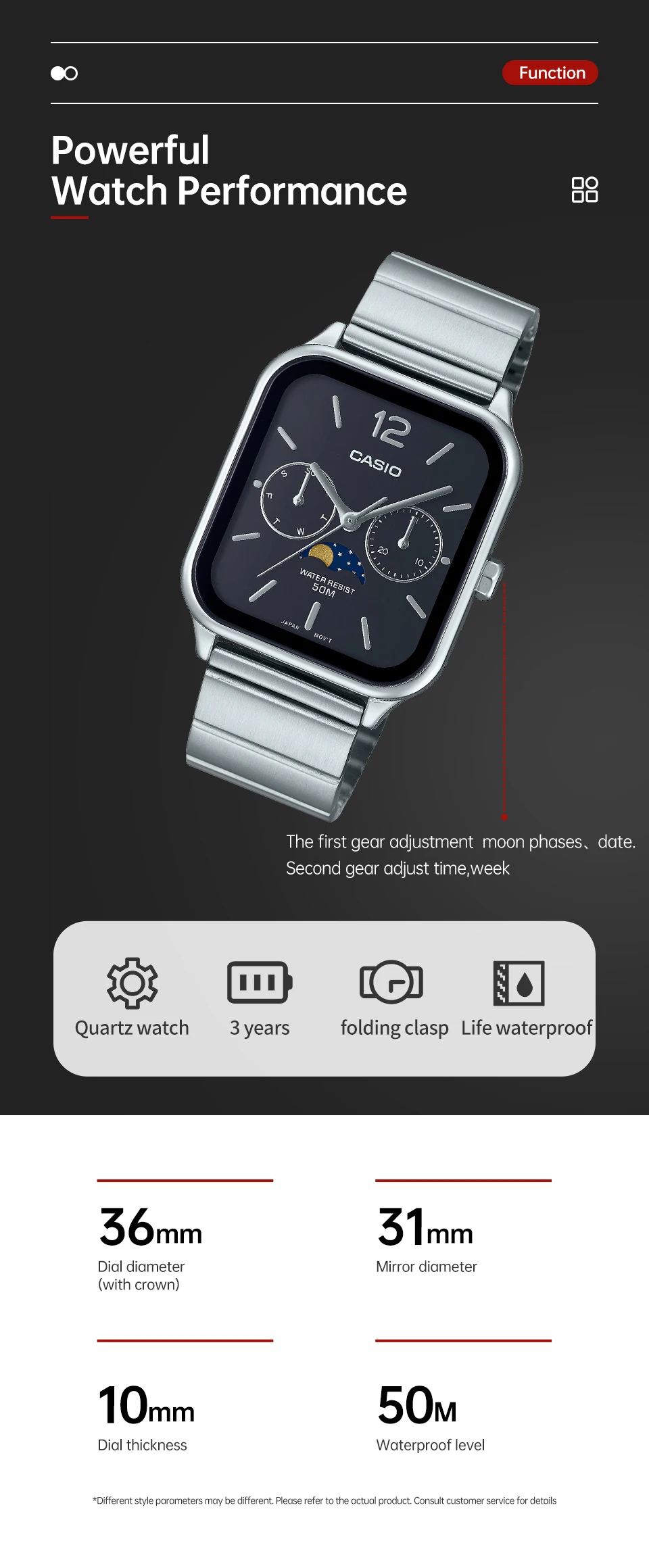 casio wrist watch for men fashion top luxury set quartz waterproof limited edition model new style moonphase square watchs Silver watch with moon phase