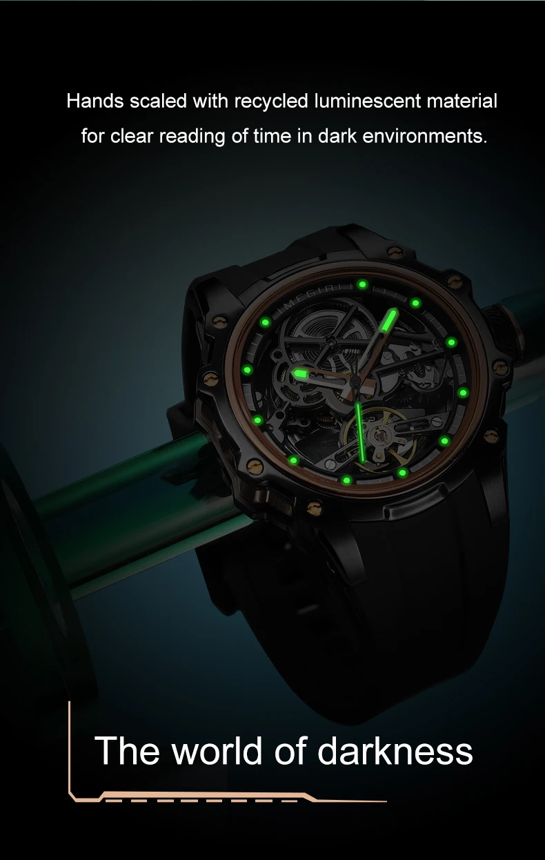 megir skeleton dial automatic mechanical watch men stainless steel case waterproof luminous sport wristwatch with silicone strap Glow-in-the-dark skeleton watch