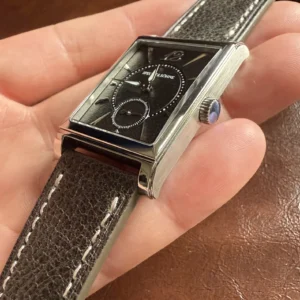 Rectangular watch with leather strap