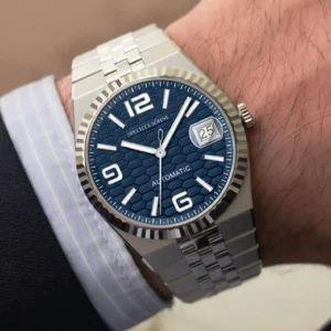 Blue dial automatic watch on wrist