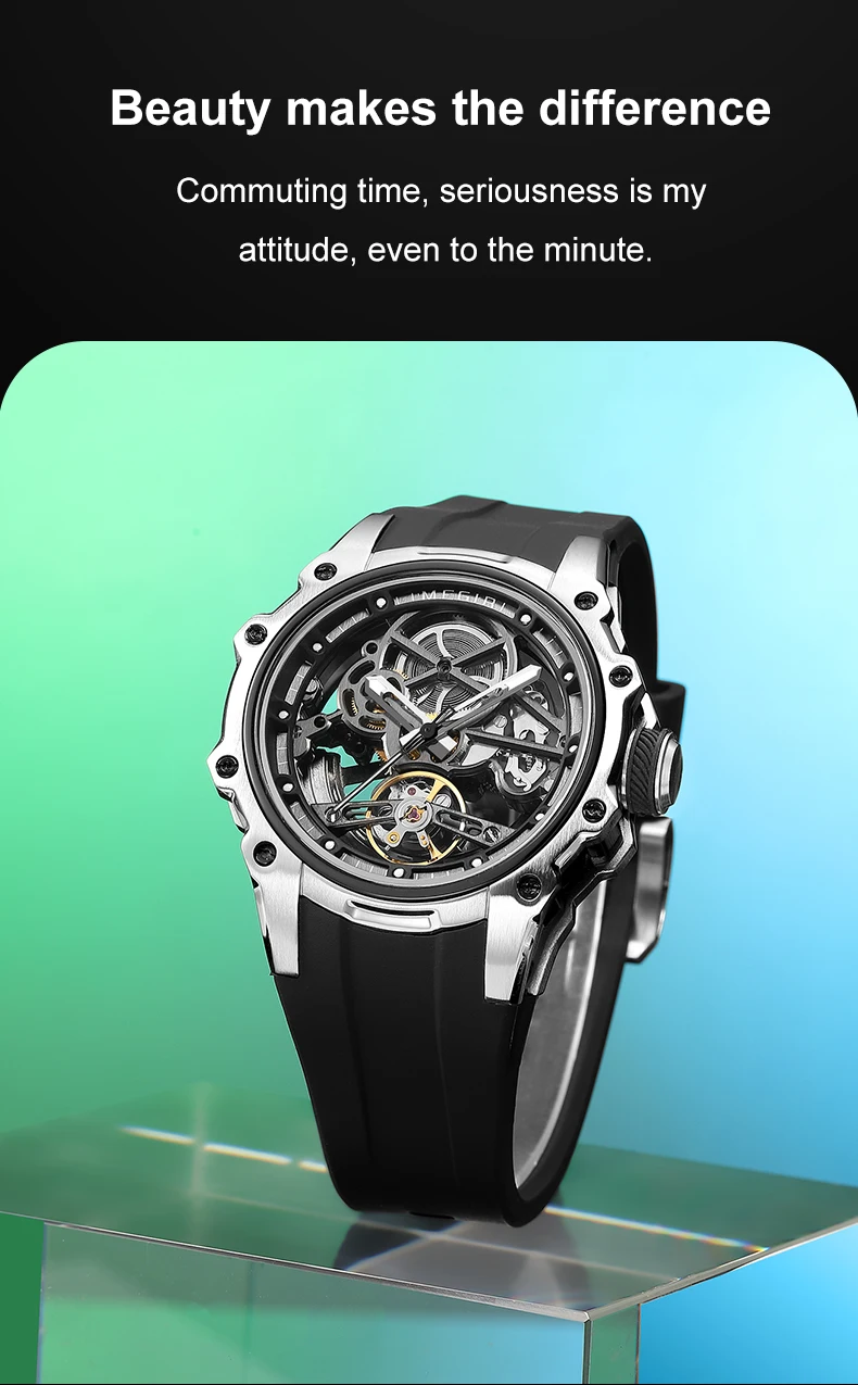megir skeleton dial automatic mechanical watch men stainless steel case waterproof luminous sport wristwatch with silicone strap Skeleton watch with black strap