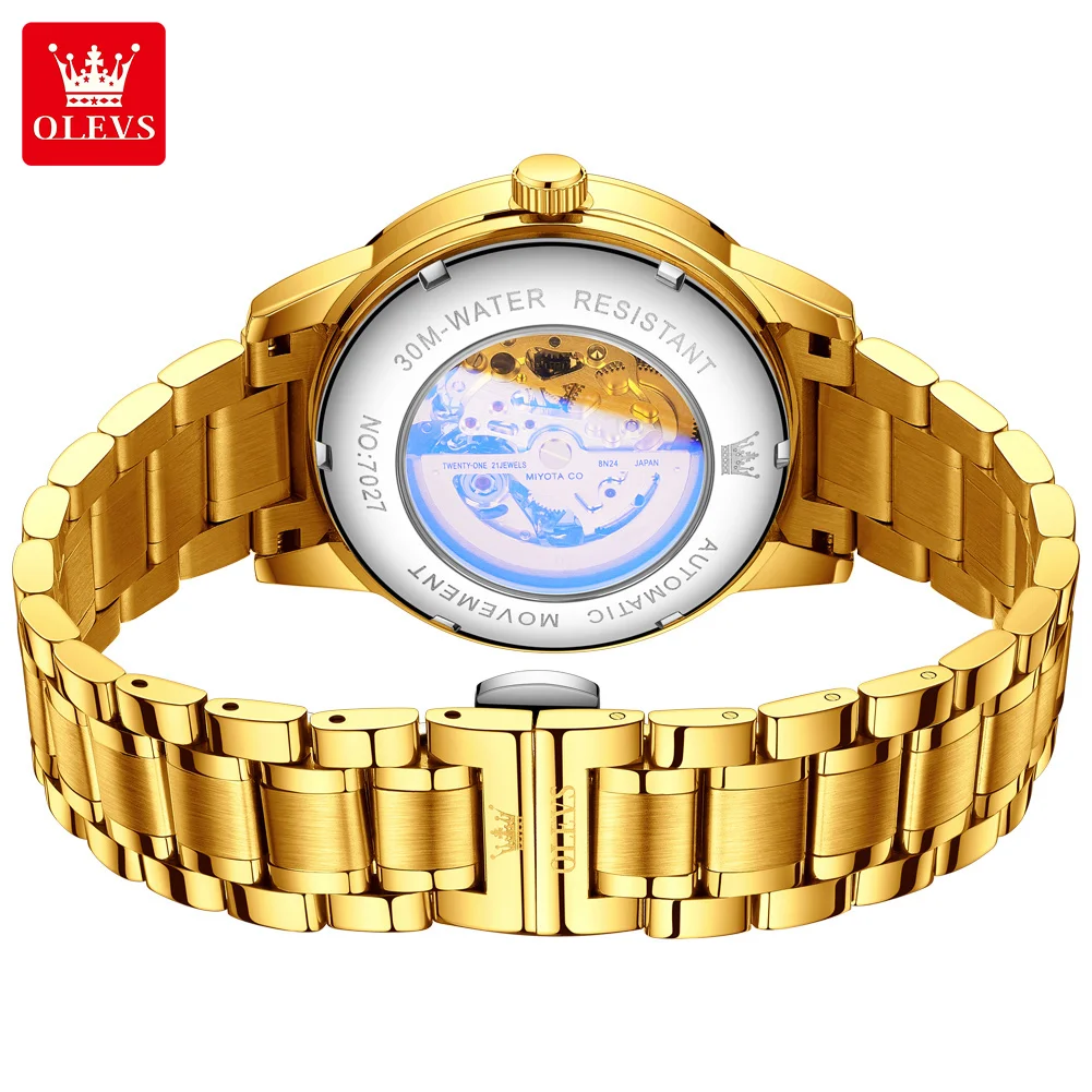 olevs gold steel dragon dial automatic watch men full steel waterproof miyota mechanical mens watches top brand luxury relogio Gold automatic watch movement