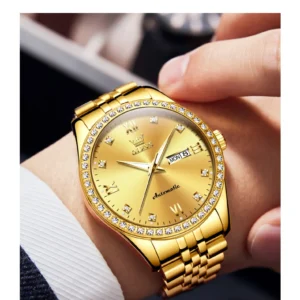 Golden diamond studded automatic watch