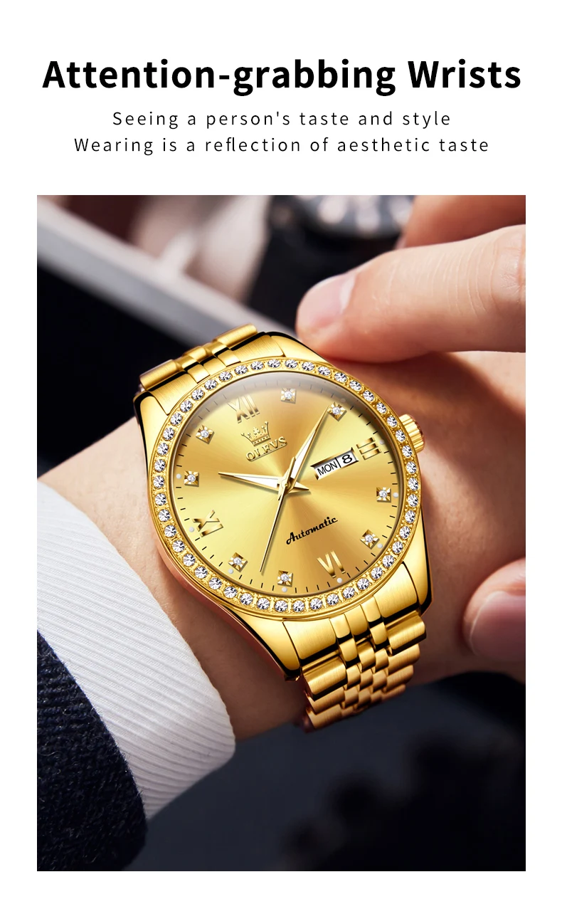 olevs new diamond business men watch top brand luxury watch waterproof date stainless steel automatic mechanical wristwatch Golden diamond studded automatic watch