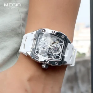 Skeleton watch with white strap