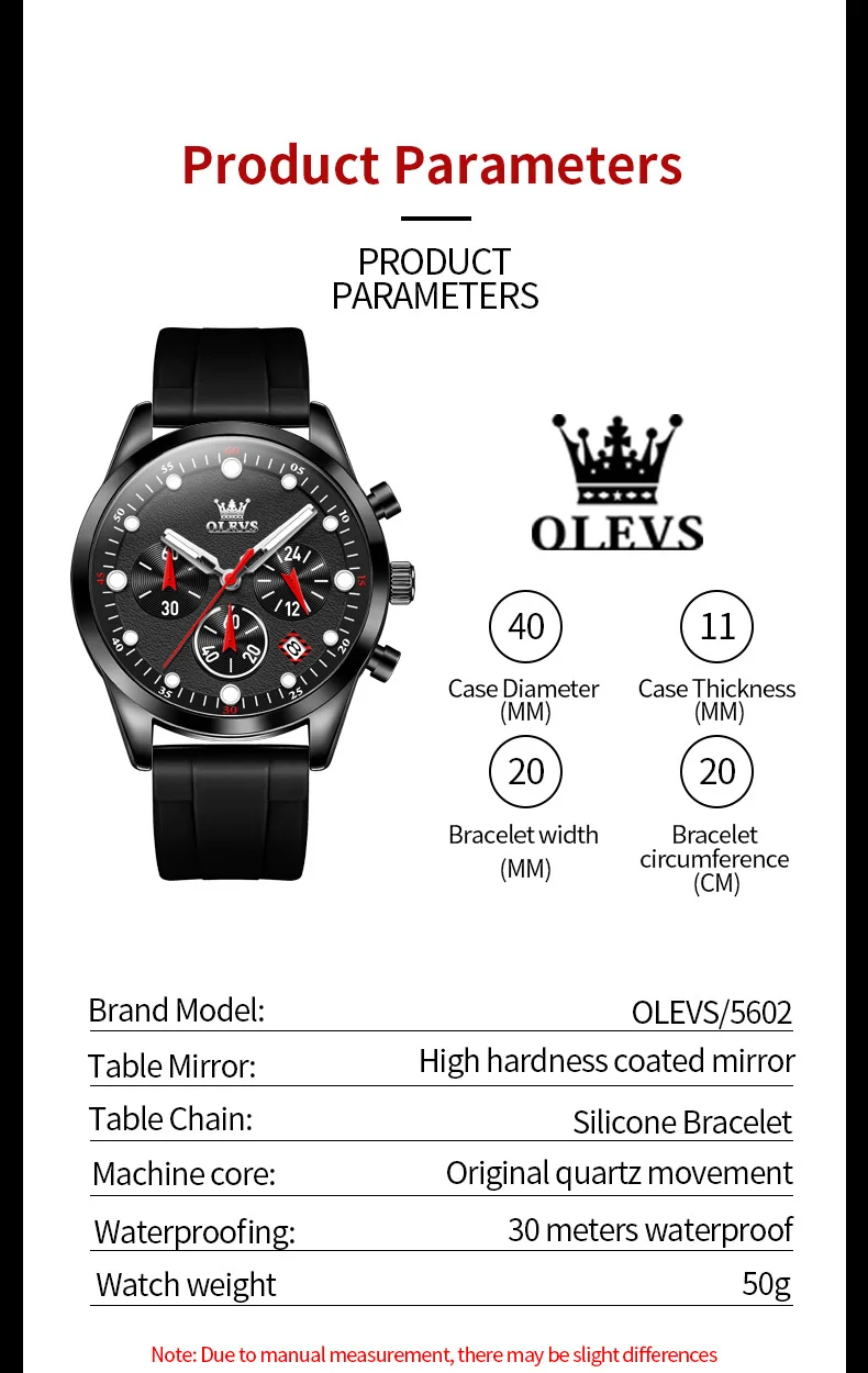 olevs brand sports quartz watch for men fashion silicone strap waterproof luminous chronograph watches mens relogio masculino Black men's watch parameters