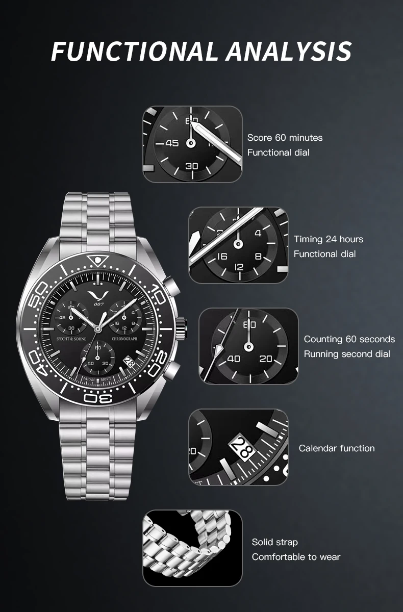 new 007 specht&sohne sports watches for men top brand luxury steel wrist watch fashion japan vk68 chronograph relogio masculino Men's chronograph watch features