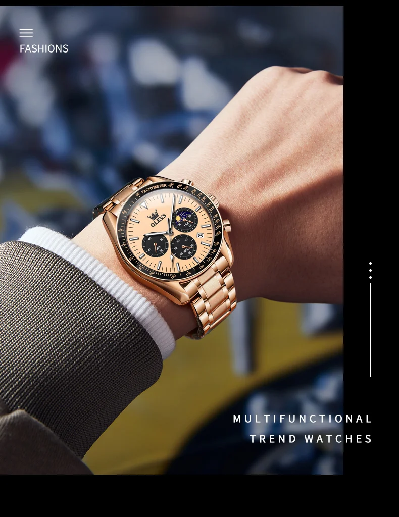olevs brand new luxury rose gold quartz watch men stainless steel waterproof luminous date moon phase chronograph watches mens Rose gold multifunctional watch.