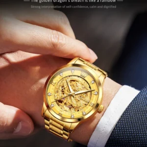 Gold dragon watch on wrist