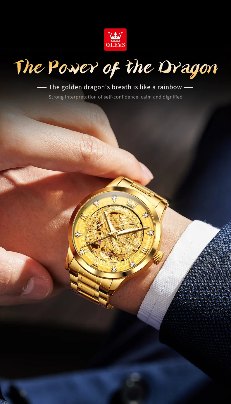 olevs gold steel dragon dial automatic watch men full steel waterproof miyota mechanical mens watches top brand luxury relogio Gold dragon watch on wrist