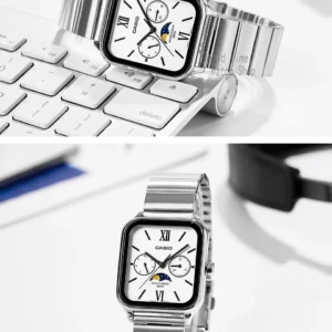 Square silver watch with white dial