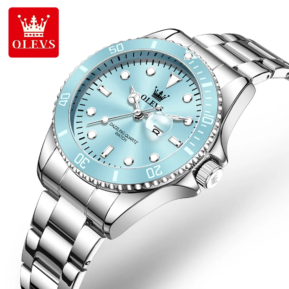 olevs luxury stainless steel waterproof quartz watch for women fashion calendar luminous womens wristwatch sport clock reloj Silver watch with blue face