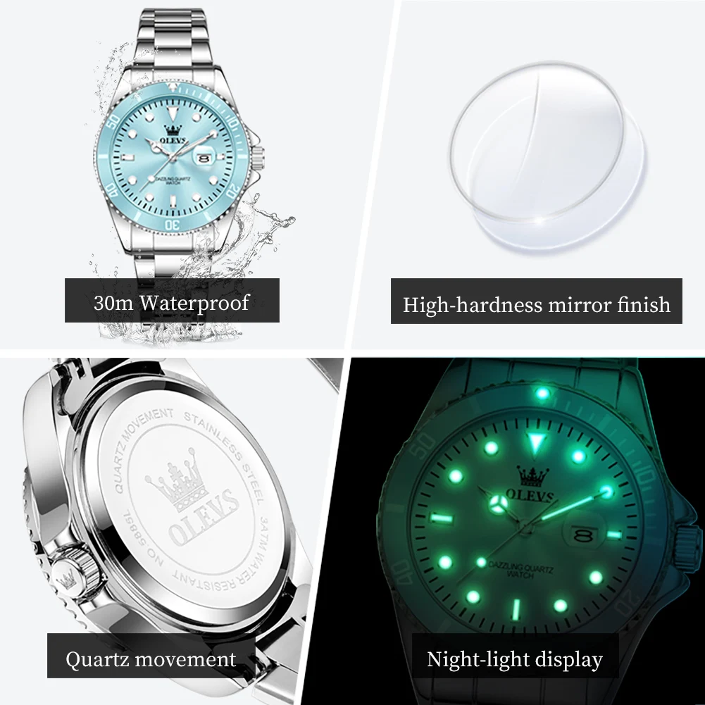 olevs luxury stainless steel waterproof quartz watch for women fashion calendar luminous womens wristwatch sport clock reloj Watch details: waterproof, mirror, movement, night-light