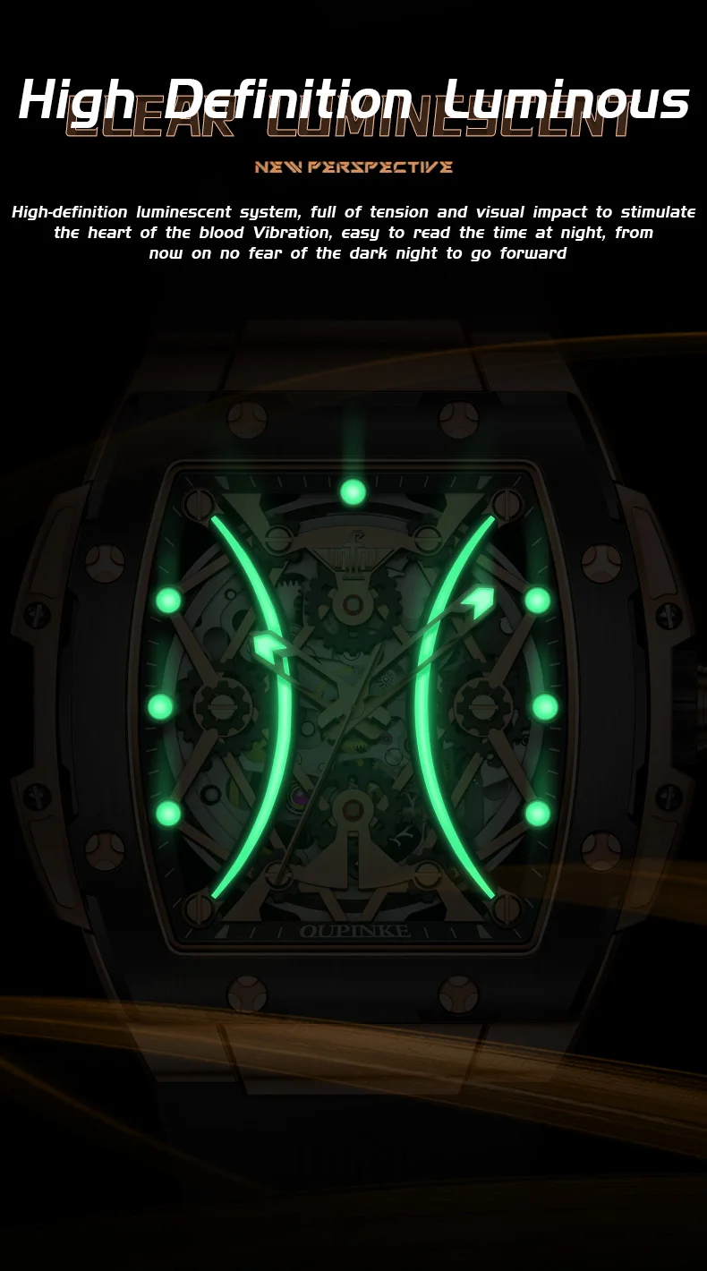 oupinke men's watches classic luxury tonneau dial top brand original automatic mechanical wristwatch silicone strap sapphire new Luminous mechanical watch face