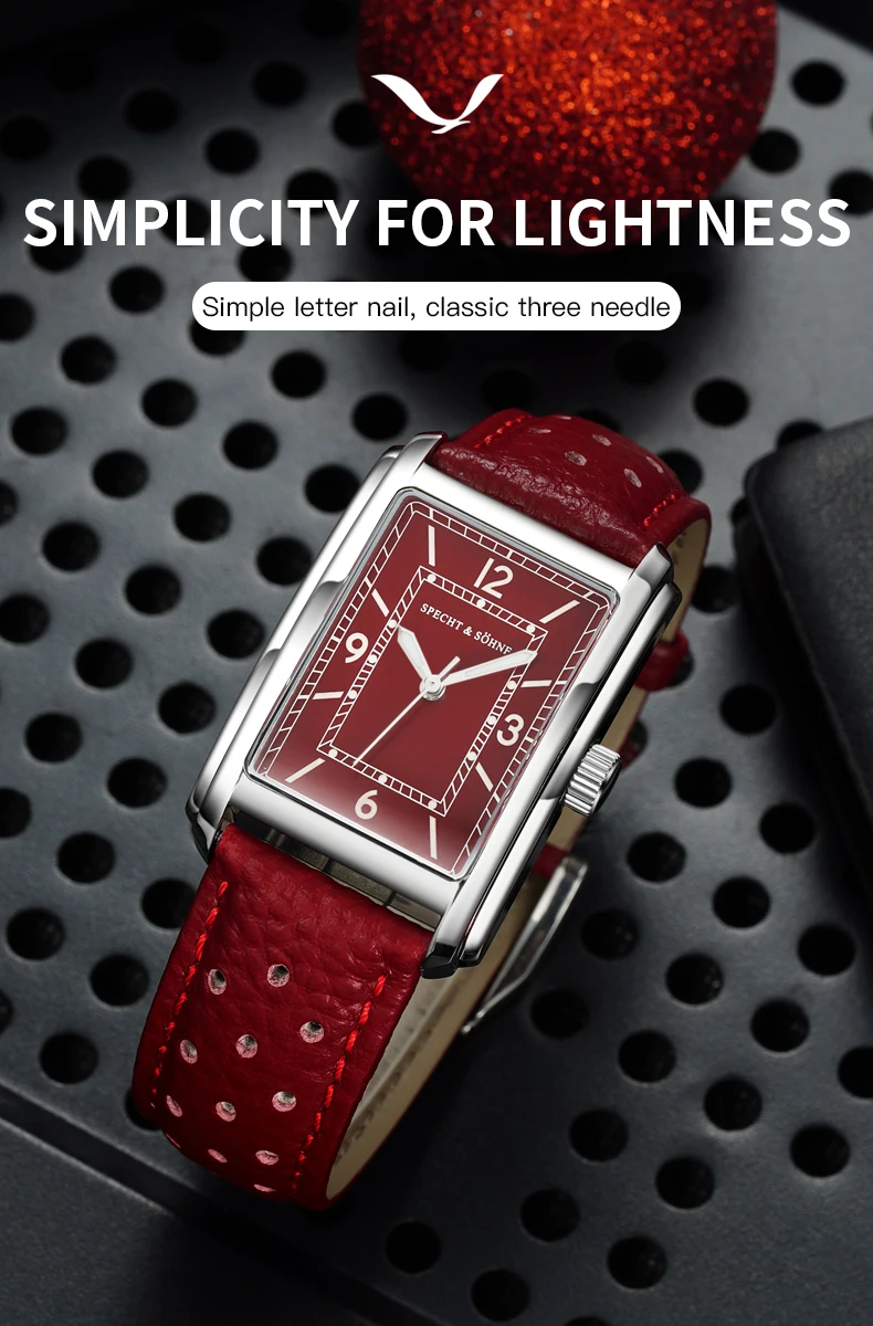 specht & söhne women's watch 27mm quartz watch stainless steel ar coated sapphire crystal wristwatch for wowen 50m waterproof Red rectangular faced watch